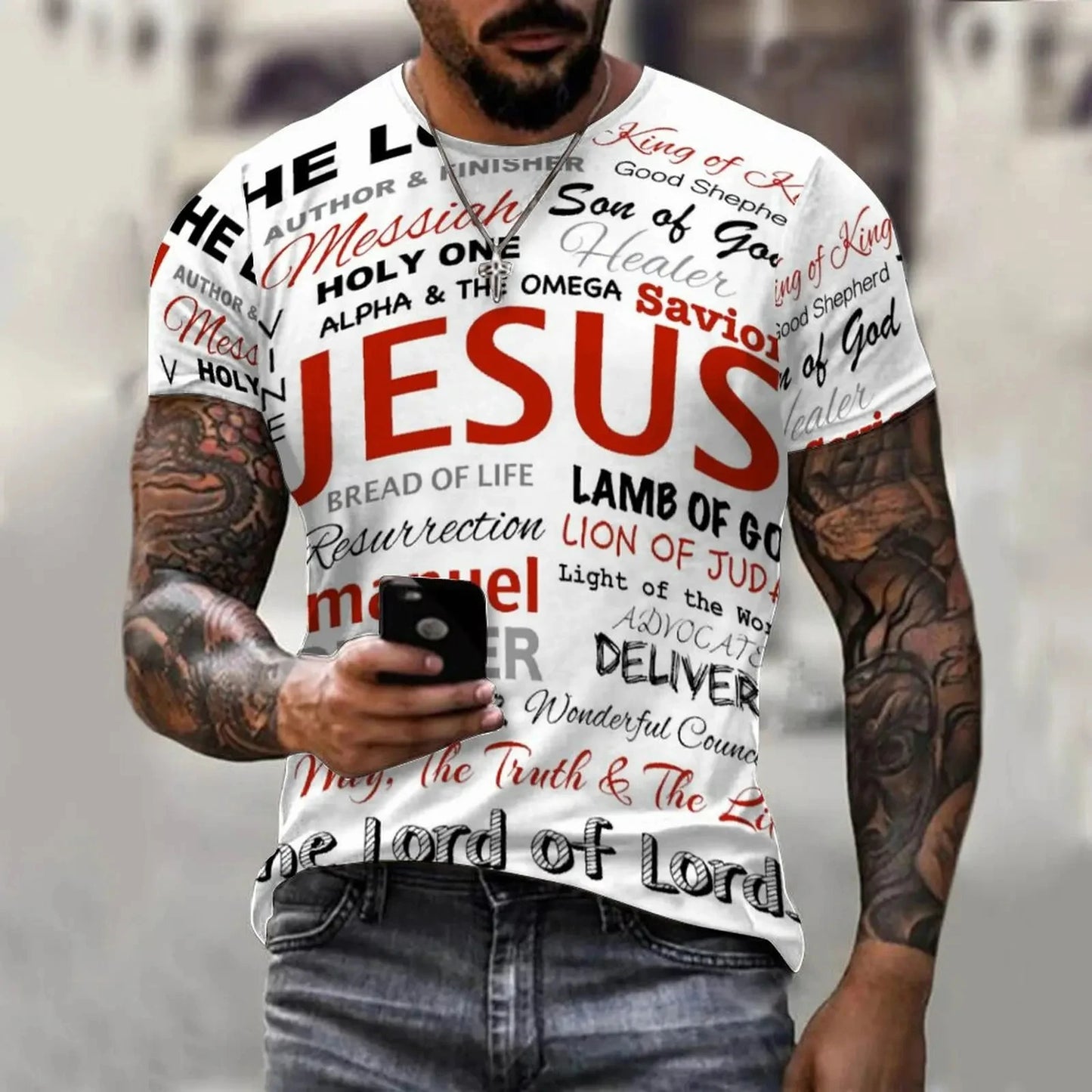 New fashionable letter Jesus printed 3D graphic men's T-shirt fashionable street round neck short sleeved casual top T-shirt