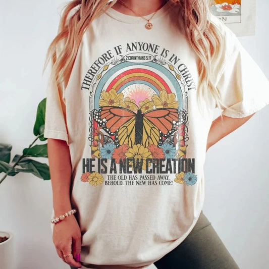 New Creation Jesus Christian Cotton T-shirts 2 Corinthians 5:17 Graphic T-shirt Short Sleeve Faith Shirt Women Bible Verse Tops