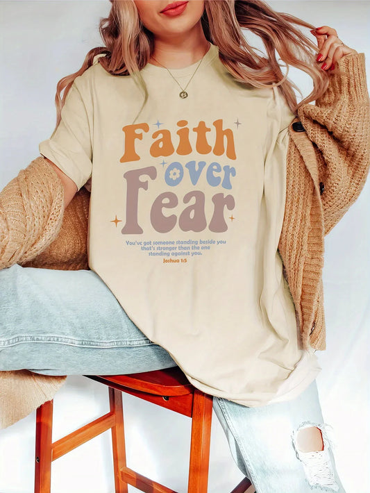 Faith Over Fear Letter Print T-shirt, Short Sleeve Crew Neck Casual Top For Spring & Summer, Women's Clothing