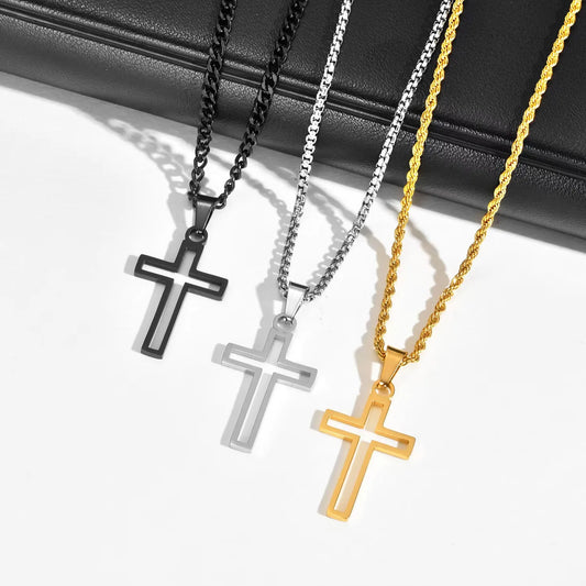 Casual Hollow Cross Necklaces for Men Boys,Waterproof Stainless Steel Cross Pendant Necklace,Religious Faith Prayer Jewelry Gift
