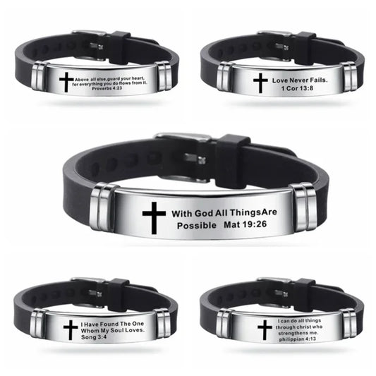 Cross Bible Christian Men Bracelet Adjustable Length Silicone Bangles Wristband Scripture Love Never Fails Male Jewelry