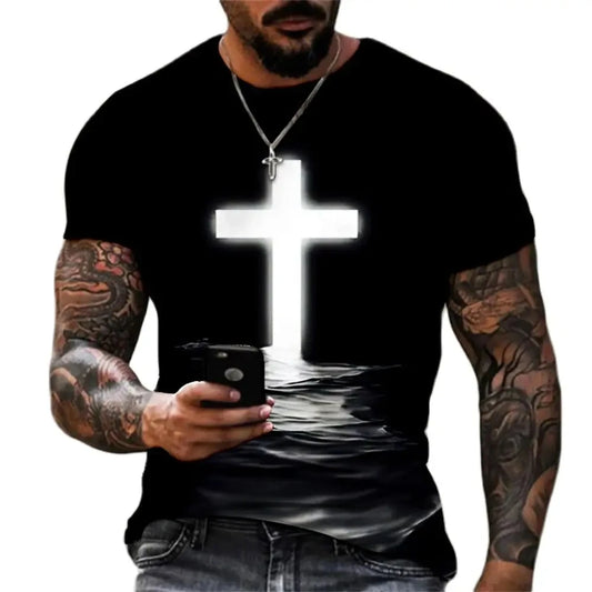 Christian Mens Clothing T Shirts Oversized Vintage T Shirt Gothic Jesus Christ Cross 3D Print O-neck Tops Hip Hop Short Sleeve