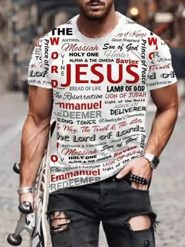 New fashionable letter Jesus printed 3D graphic men's T-shirt fashionable street round neck short sleeved casual top T-shirt