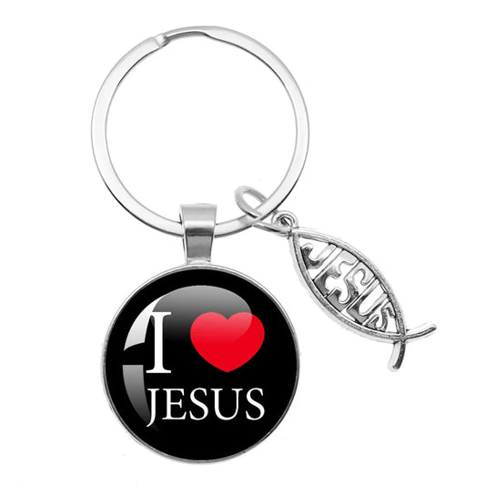 I Love Jesus Symbol Fashion Keychain Holder Handmade Glass Cabochon Pendant Keychain Charms Car Key Ring Religion Jewelry